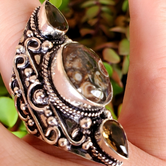 New Turtella Agate Fossil & Smoky Quartz 925 Silver Statement Ring. - Picture 3 of 13
